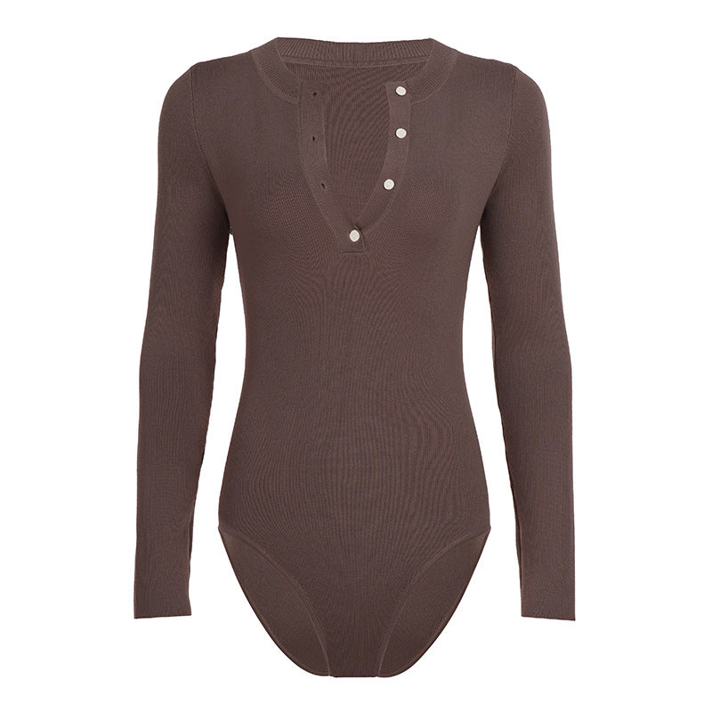 Damen Langarm-Bodysuit mit Knopfleiste und Rippstruktur EB