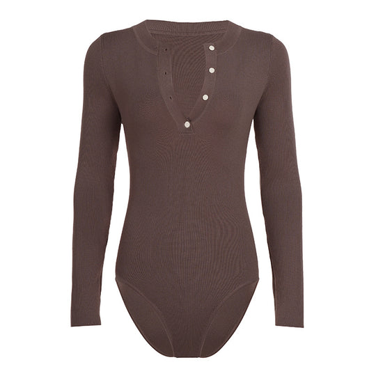 Damen Langarm-Bodysuit mit Knopfleiste und Rippstruktur EB