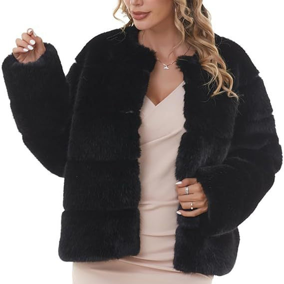 Damen Kuschelige Kunstpelzjacke mit modischem Puffärmel-Design EB