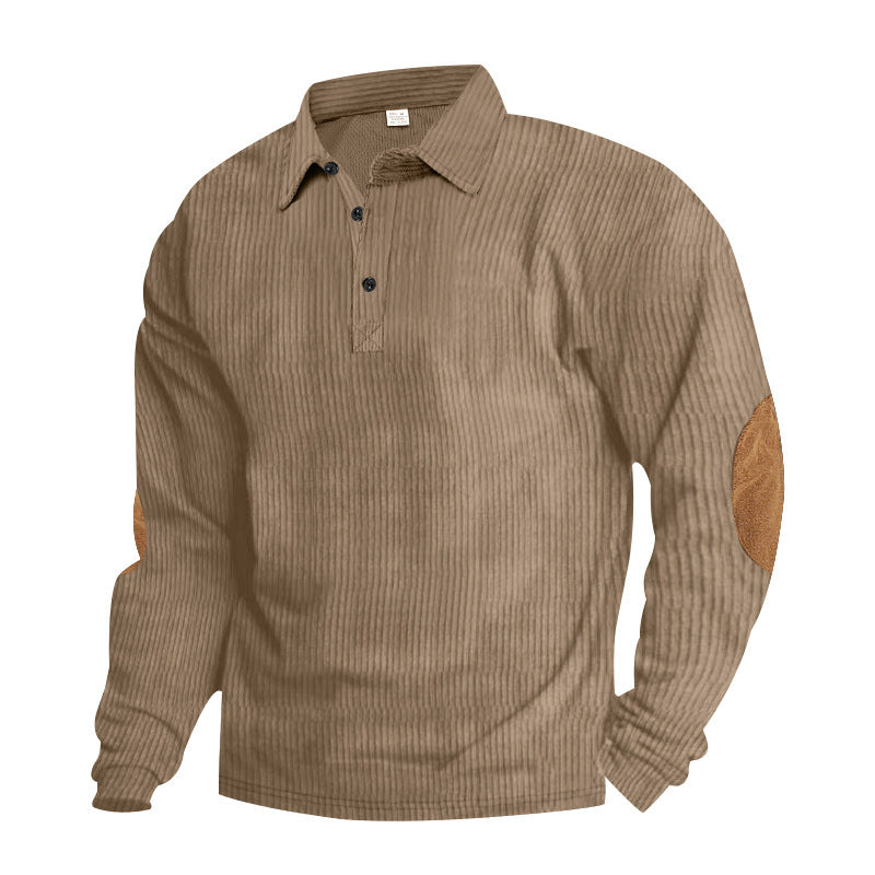 Herren nan schwerer gerippter Baumwoll-Polo-Pullover mit Kentkragen dreifach-Knopfleiste und Wildleder-Ellenbogenpatches EB
