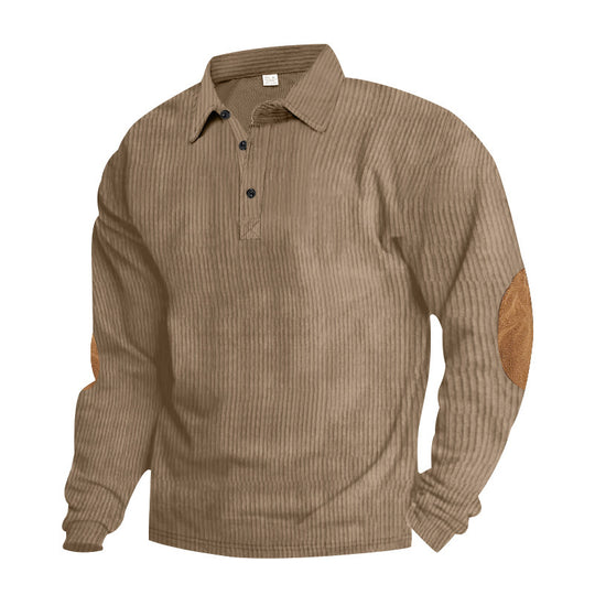 Herren nan schwerer gerippter Baumwoll-Polo-Pullover mit Kentkragen dreifach-Knopfleiste und Wildleder-Ellenbogenpatches EB