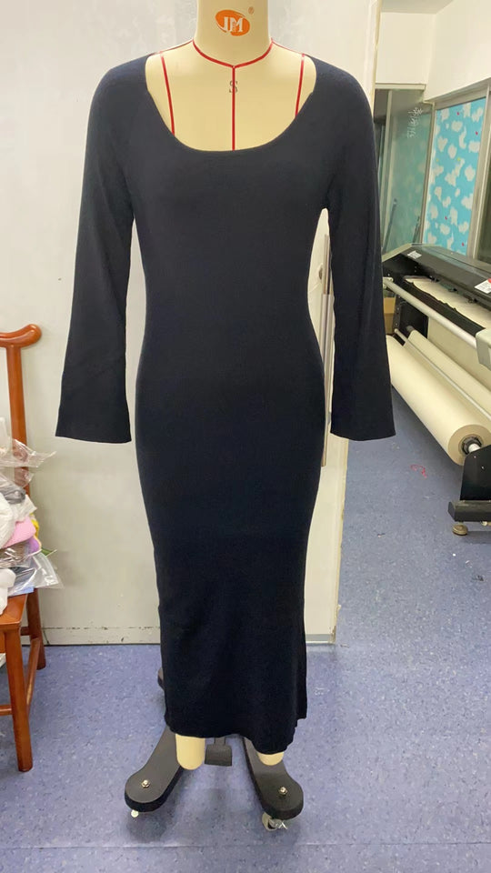 Damen elegantes Maxikleid mit tiefem Rundhals und modernen Trompetenärmeln EB
