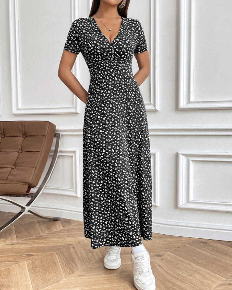 Damen nan tailliertes V-Ausschnitt Wickeloptik Maxikleid aus Viskosejersey mit kurzen Ärmeln und A-Linien-Saum EB