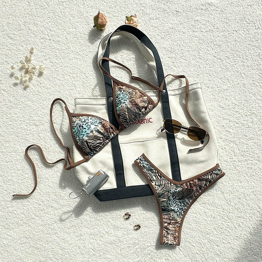 Damen Triangel-Bikini-Set mit tierischem Muster und verspieltem Design EB