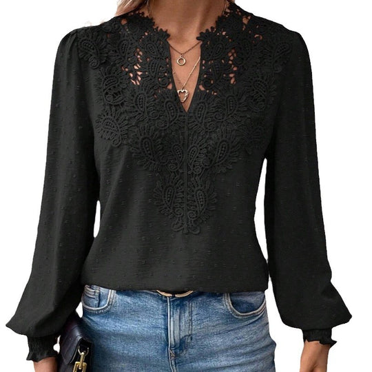 Damen Bluse mit gesticktem V-Ausschnitt und langen Ärmeln EB