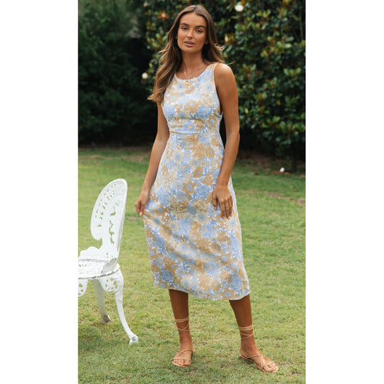 Damen Midi-Kleid mit floralem Design und schmalem Taillenbund EB