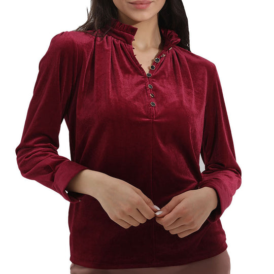 Damen Elegantes Oberteil mit Rüschendetails und Knopfverschluss EB
