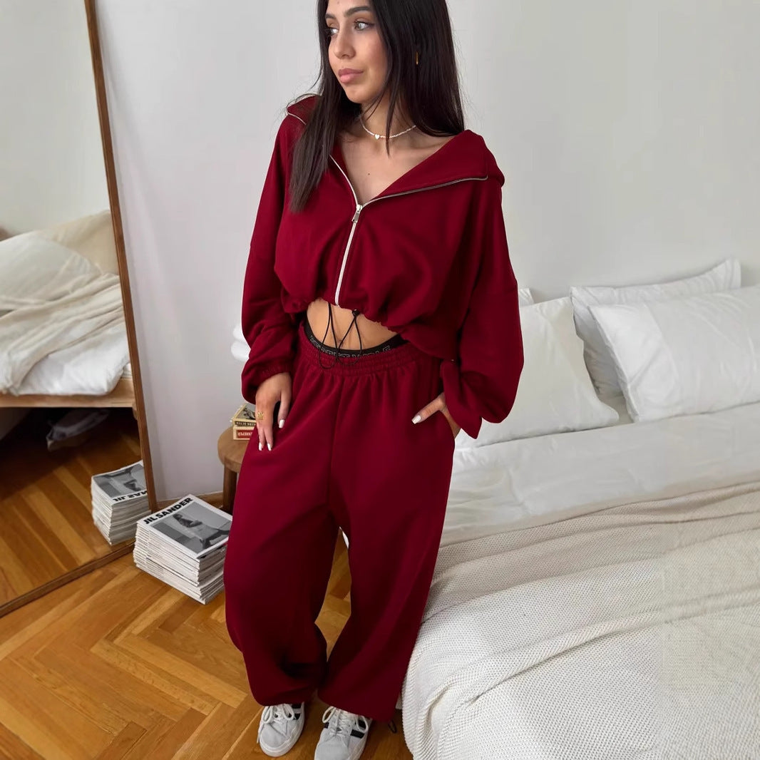 Damen Cropped-Zip-Hoodie und weite High-Waist-Loungehose Zweiteiler EB