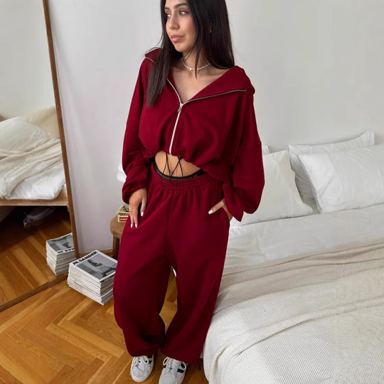 Damen Cropped-Zip-Hoodie und weite High-Waist-Loungehose Zweiteiler EB