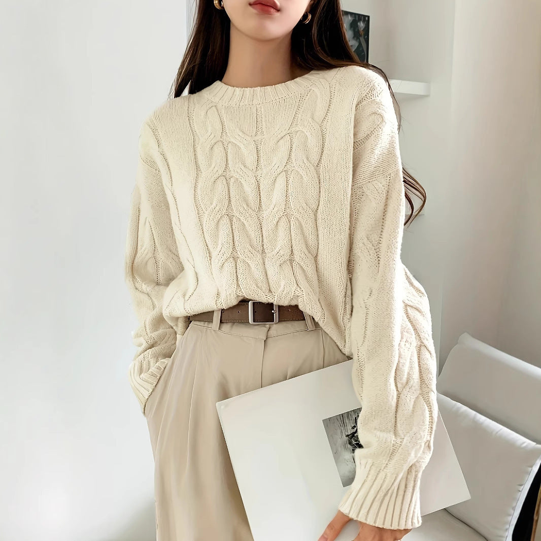 Damen Gemusterter Strickpullover mit voluminösen Ärmeln und Rundhalsausschnitt EB