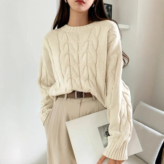 Damen Gemusterter Strickpullover mit voluminösen Ärmeln und Rundhalsausschnitt EB