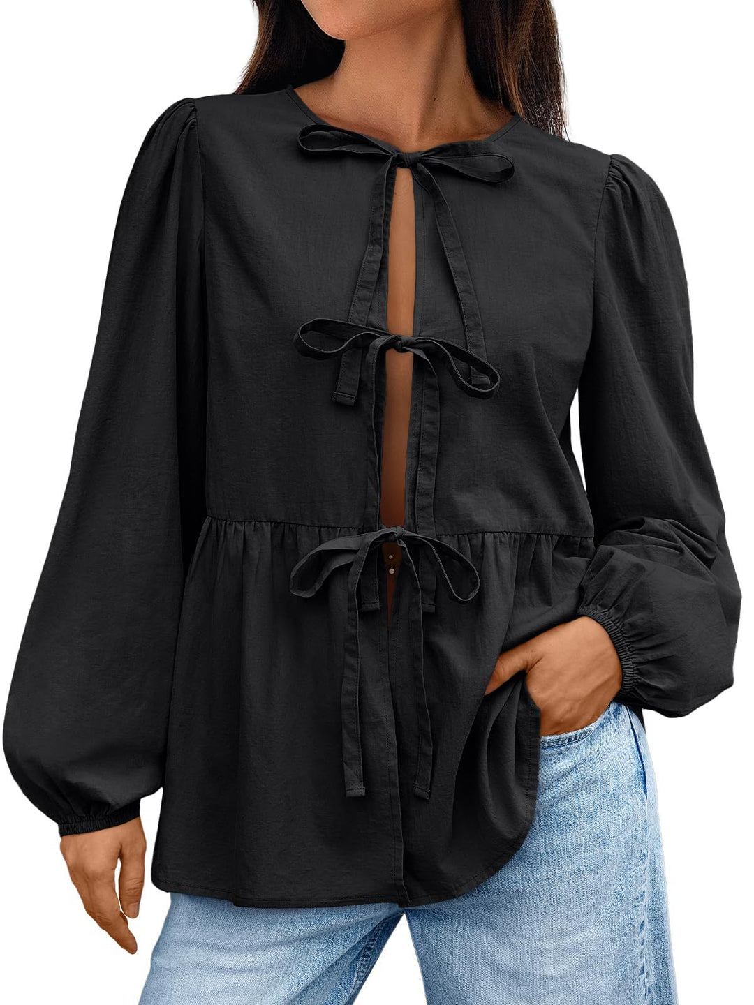Damen Bluse mit Schleifen-Details und weitem Schnitt EB