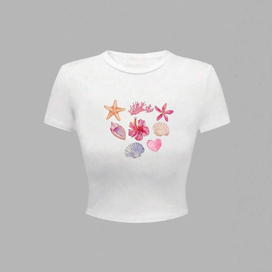 Damen Crop-T-Shirt mit maritimen Aufdrucken EB