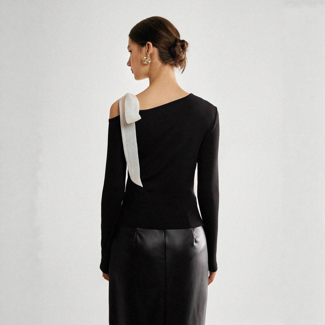 Damen Asymmetrisches One-Shoulder Rippstrick-Top mit Schleifenband EB