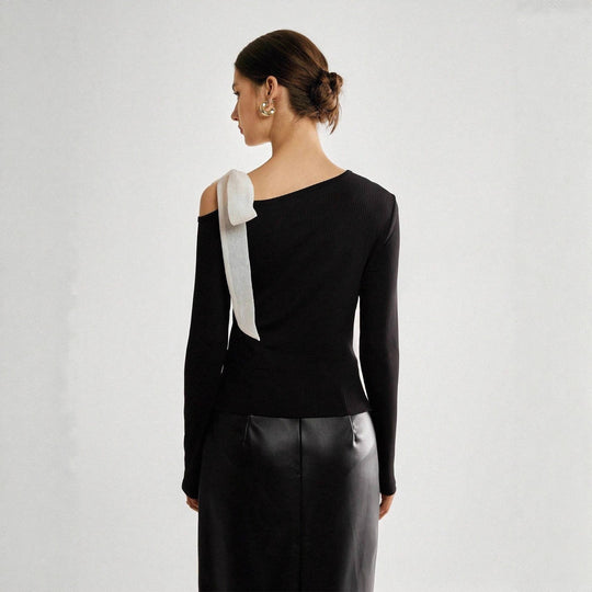 Damen Asymmetrisches One-Shoulder Rippstrick-Top mit Schleifenband EB