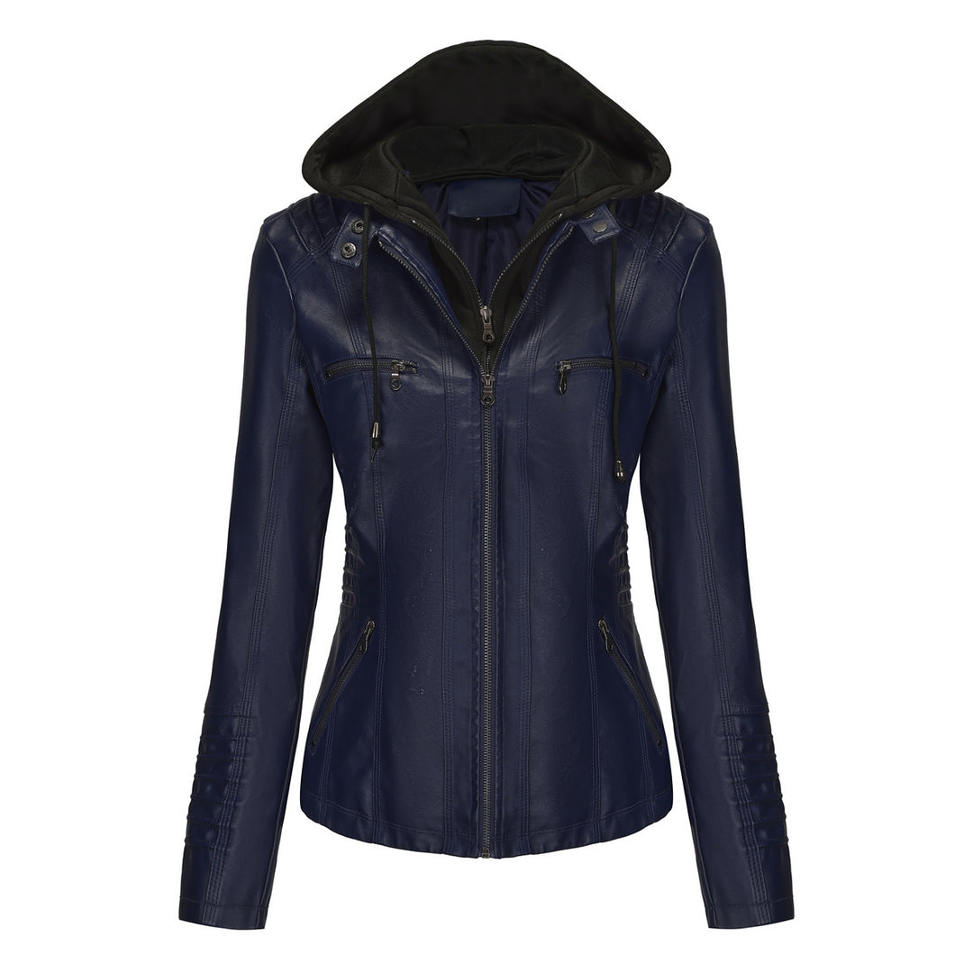 Damen nan taillierte Kunstlederjacke mit Kapuze, gesteppter Armblende und verdeckten Reißverschlusstaschen EB