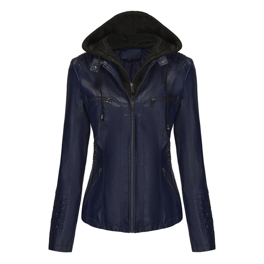Damen nan taillierte Kunstlederjacke mit Kapuze, gesteppter Armblende und verdeckten Reißverschlusstaschen EB