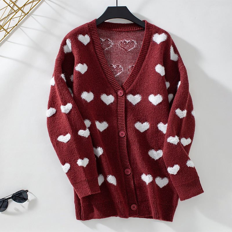 Damen gemütliche Strickjacke mit Herzmuster und V-Ausschnitt EB