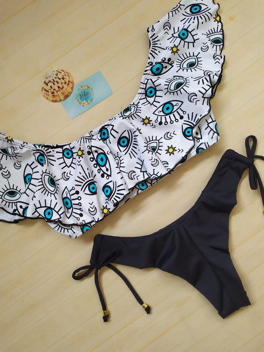 Damen Bunt bedruckter Bikini mit Schultervolants EB