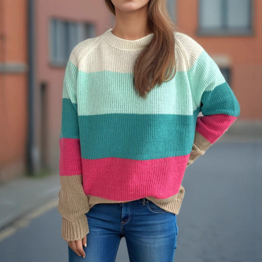 Damen lässiger Strickpullover mit bunten Blockstreifen und weitem Schnitt EB