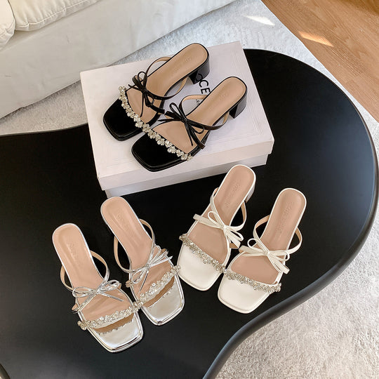 Damen elegante Sandalen mit funkelnder Strass-Applikation und bequemer Blockabsatz EB