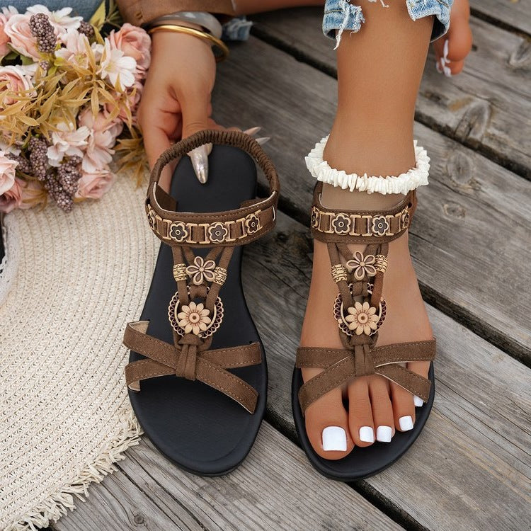 Damen modische Zehentrenner-Sandalen mit floralen Verzierungen EB