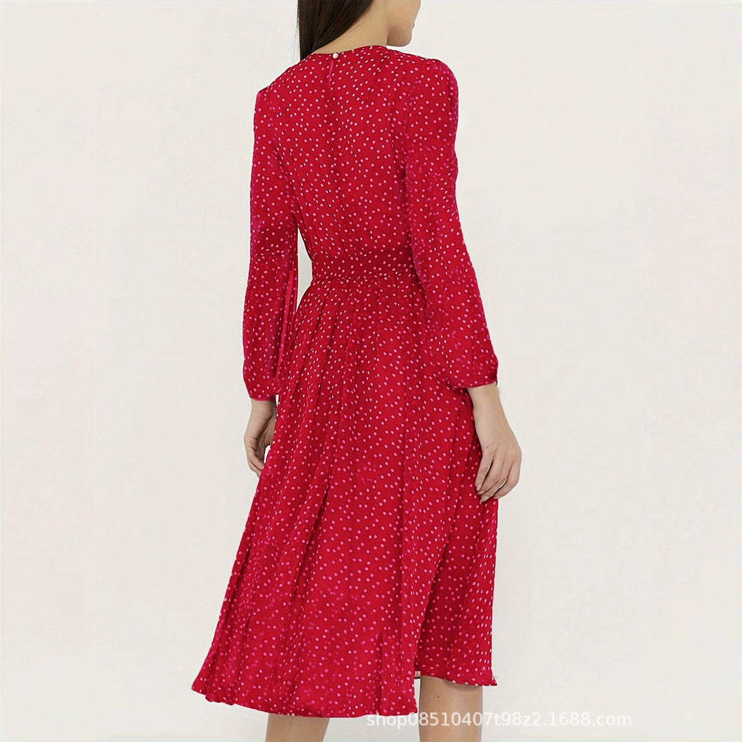 Damen Midikleid mit Punkten, taillierter Bindegürtel und Volantrock EB