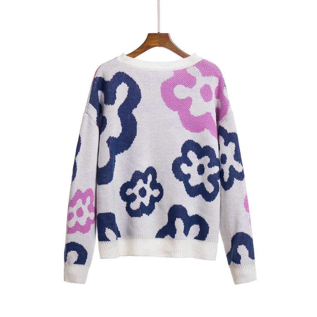Damen Gemusterter Strickpullover mit floralen Motiven und lässigem Schnitt EB