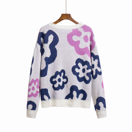Damen Gemusterter Strickpullover mit floralen Motiven und lässigem Schnitt EB