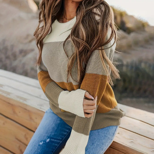 Damen modischer Strickpullover mit modernem Streifen-Design und langen Ärmeln EB