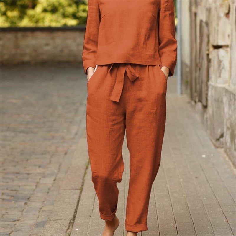 Damen Lässiges Zweiteiliges Leinen-Outfit mit breitem Bund EB