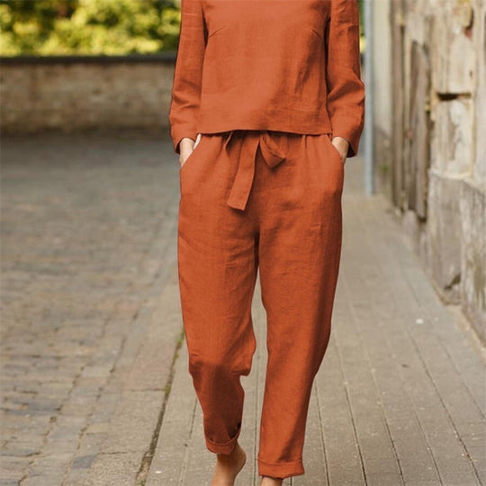 Damen Lässiges Zweiteiliges Leinen-Outfit mit breitem Bund EB