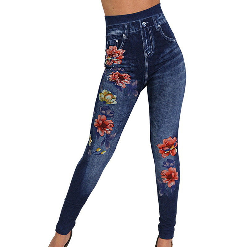 Damen Elegante Jeansleggings mit floralen Applikationen und hohem Bund EB