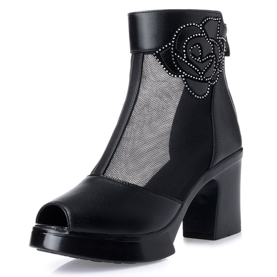 Damen Elegante Stiefeletten mit modischem Mesh-Einsatz und dekorativem Rosendesign EB