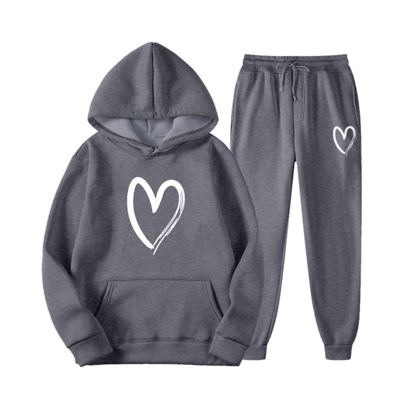 Damen Sweatsuit mit Kängurutasche und herzförmigem Print EB