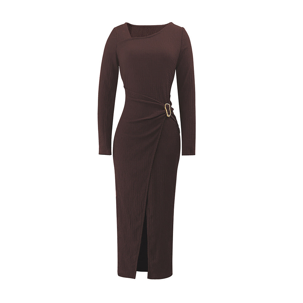 Damen asymmetrisches Wickel-Midikleid mit Ziergürtel, Drapierung und hohem Beinschlitz Eichborn Berlin