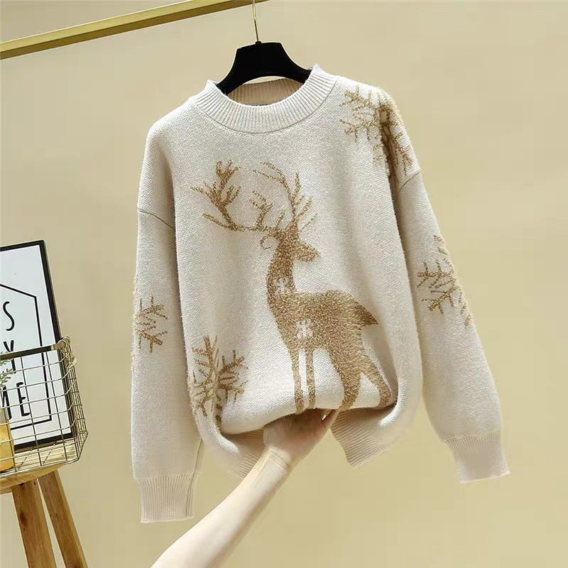 Damen Gemusterter Strickpullover mit Rentier-Jacquard, Rundhalsausschnitt und geripptem Saum EB