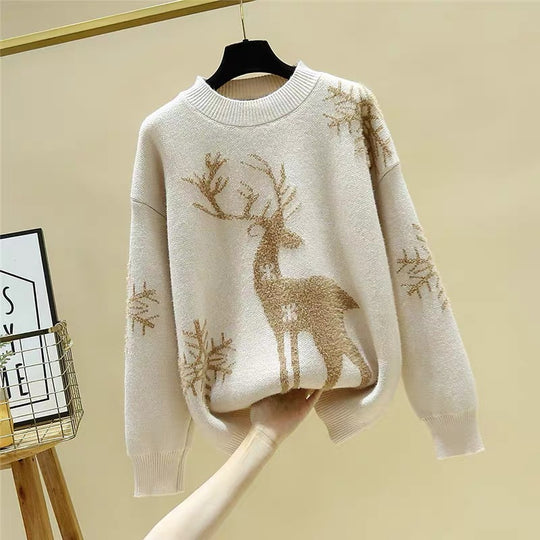 Damen Gemusterter Strickpullover mit Rentier-Jacquard, Rundhalsausschnitt und geripptem Saum EB