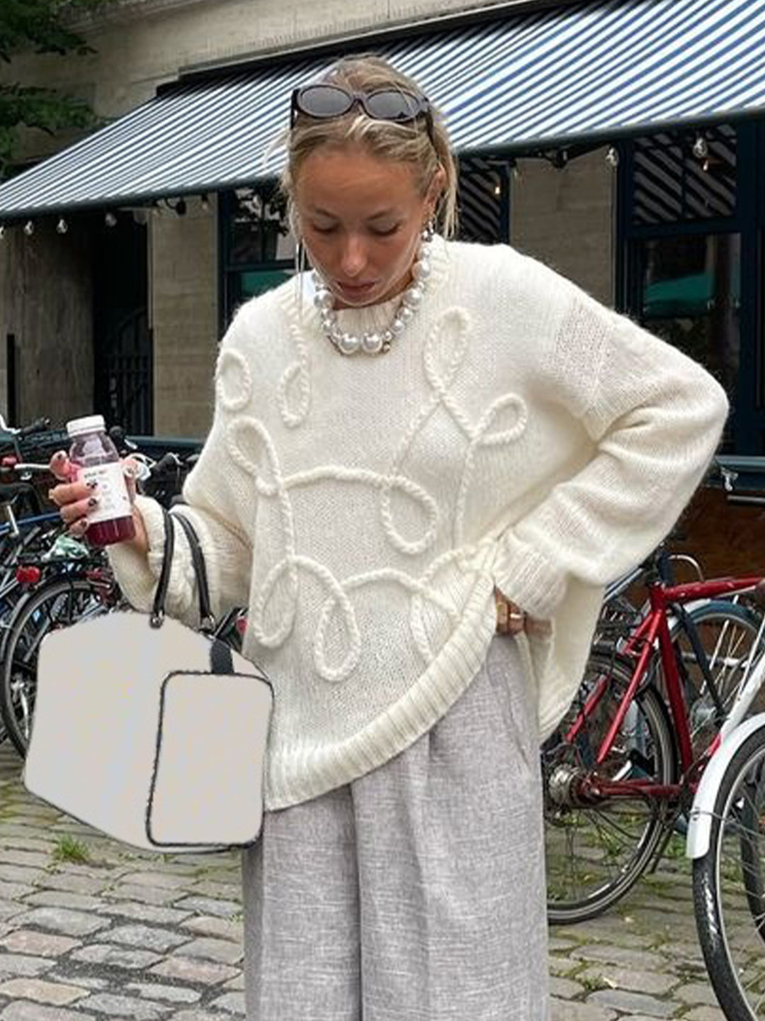 Damen Strickpullover mit floralem Garnmuster EB