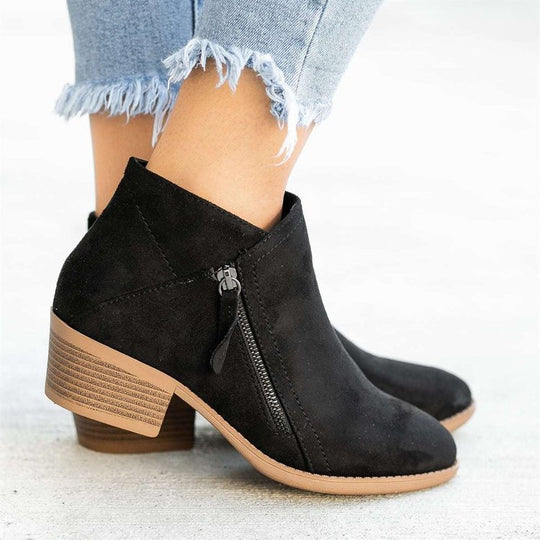 Damen Ankle-Boots aus Velourslederoptik mit seitlichem Zipper und mittelhohem Blockabsatz EB