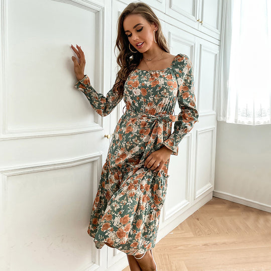 Damen Maxikleid mit elegantem floralen Design und taillierbarem Gürtel EB