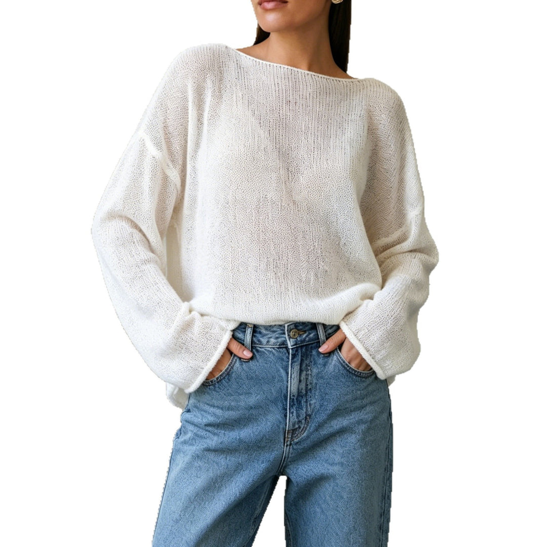 Damen luftiger Oversize-Feinstrickpullover mit weitem Arm und Rundhalsausschnitt EB