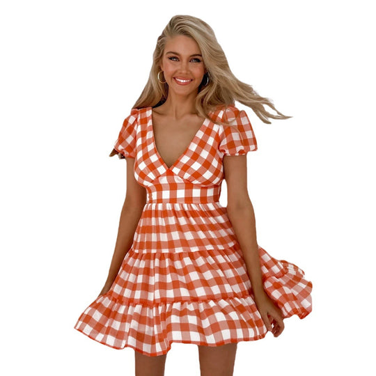 Damen lässiges Freizeitkleid mit voluminösen Puffärmeln und verspieltem Saum EB