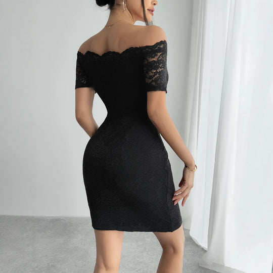 Damen nan figurbetontes schulterfreies Spitzenkleid mit Carmen-Ausschnitt und Stretch EB