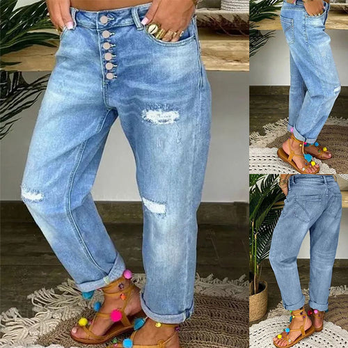 Damen Boyfriend-Jeans mit Knopfleiste und Distressed-Details EB