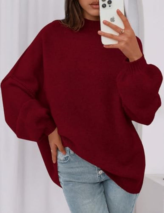 Damen Oversize-Strickpullover mit Stehkragen und Ballonärmeln EB