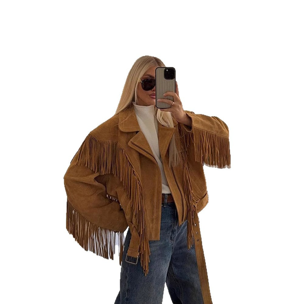 Damen Wildlederjacke mit fransigen Details und taillierbarem Gürtel EB