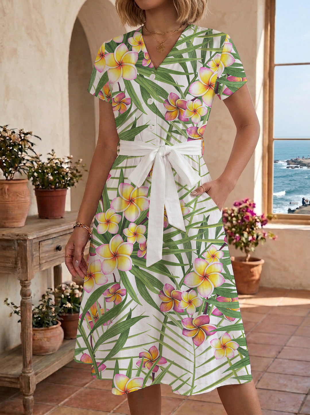 Damen Midikleid mit farbenfrohem Blumendesign und taillierbarem Bindegürtel EB