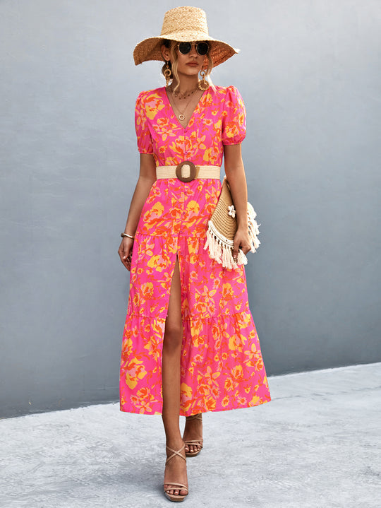 Damen Maxi-Kleid mit voluminösen Ärmeln und eleganten Knopfdetails EB