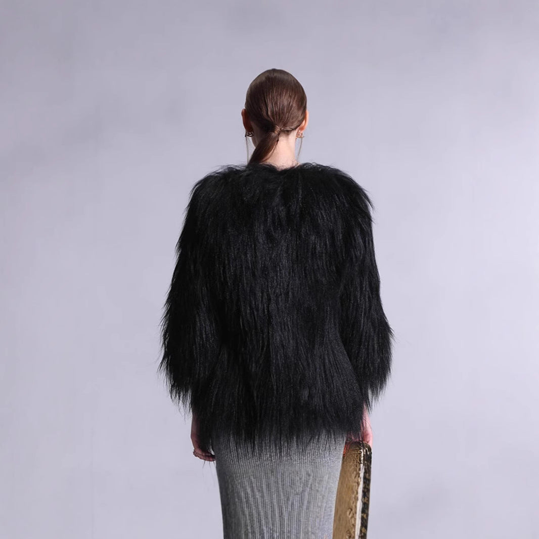 Damen Elegante Kunstpelz-Cape mit weit offenem Schnitt EB